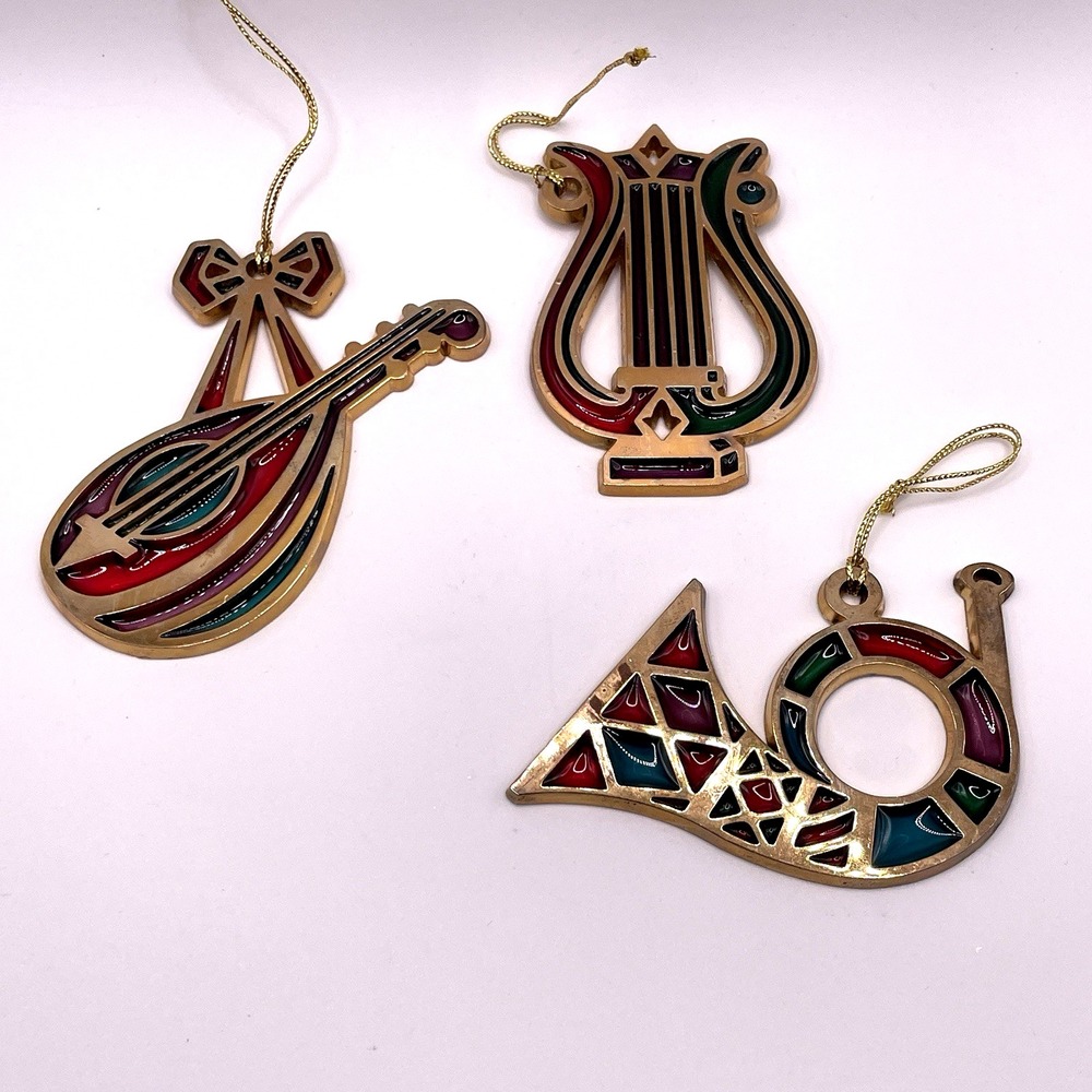 Avon Vintage Stained Glass Musical Instrument Christmas Ornaments Set of‎ 3